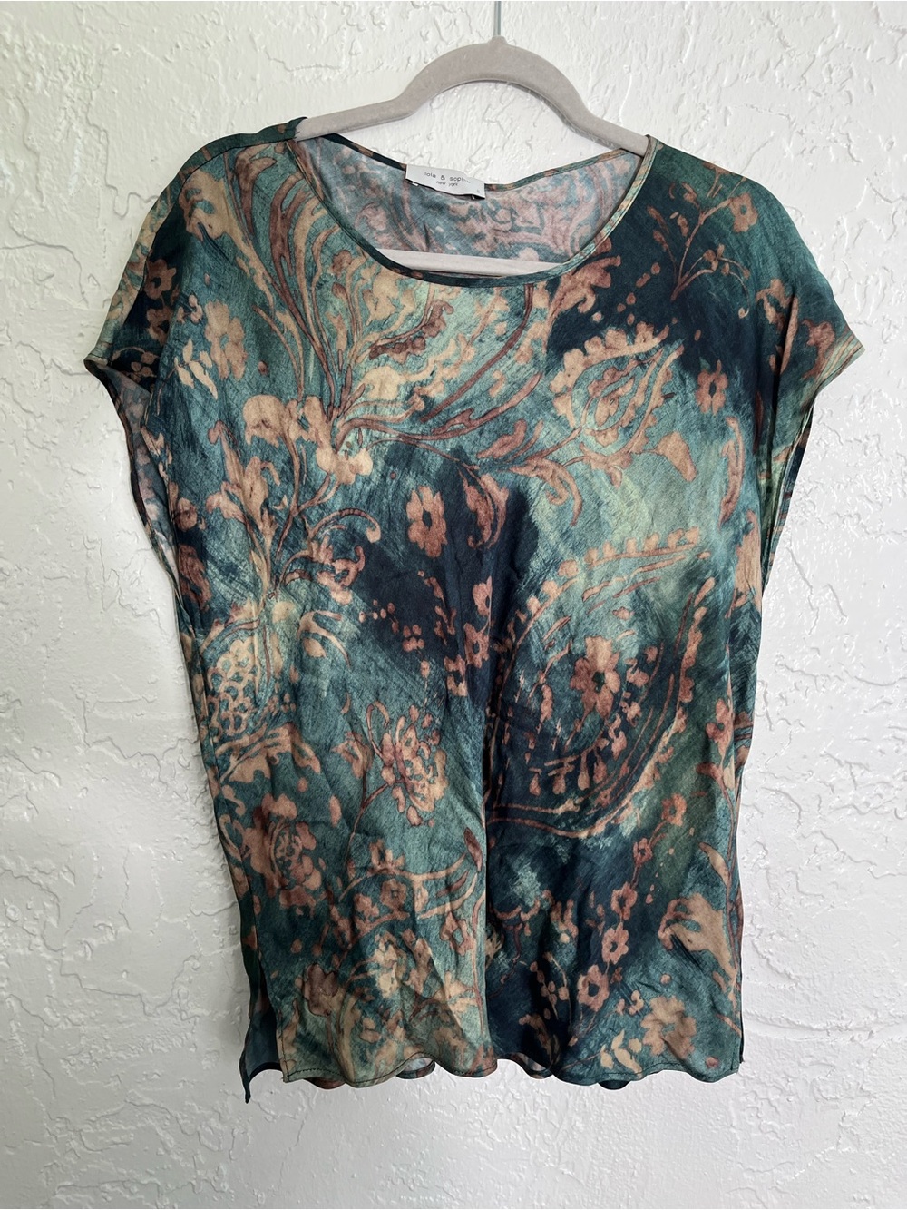 Lola & Sophie Women’s Abstract Floral Top Small Teal Green Stretch Blouse USA